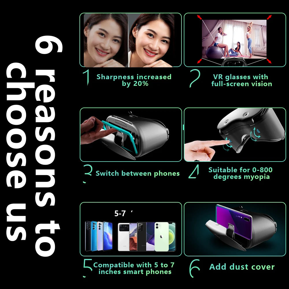 Black 3D VR headset with real lenses, phone slot, and adjustable focus features for smartphones.