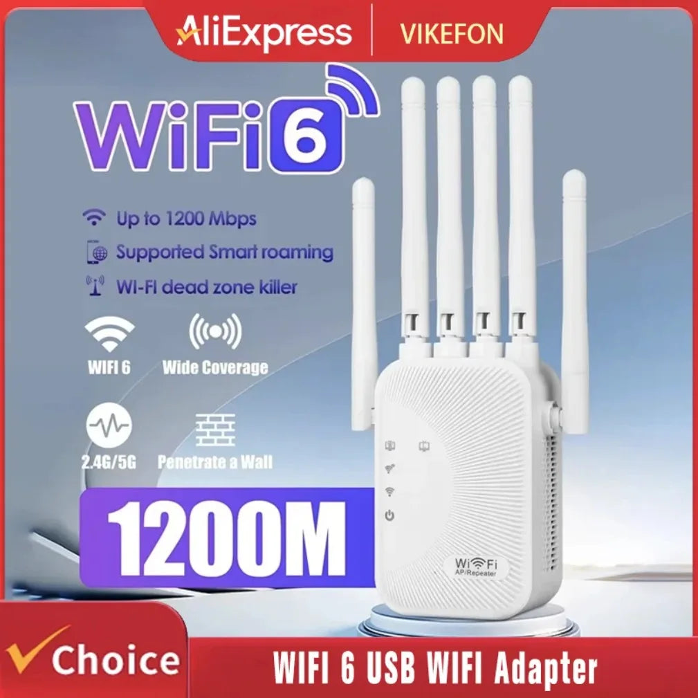 White WiFi 6 range extender with five external antennae, offering 1200Mbps speeds and dual-band signal boosting.