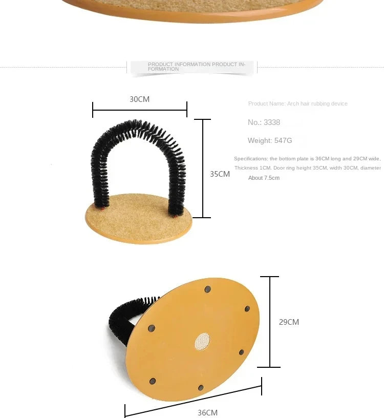 Cat self-grooming arch with a black bristle brush and textured beige base for scratching and rubbing.