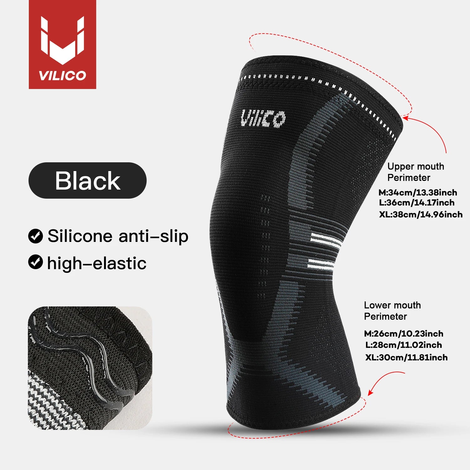 Black Vilico compression knee sleeve with grey accents, anti-slip silicone lining, and high-elastic fabric.