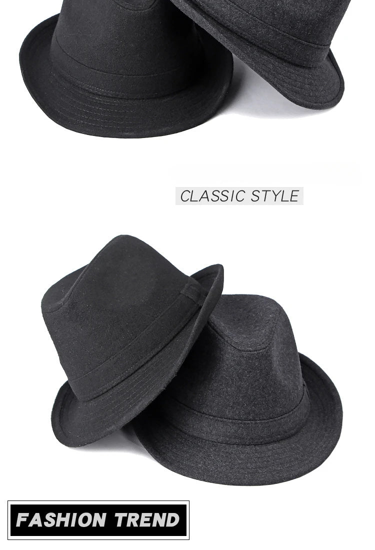 Two black felt fedora hats with a classic jazz-style design and matching ribbon detail.