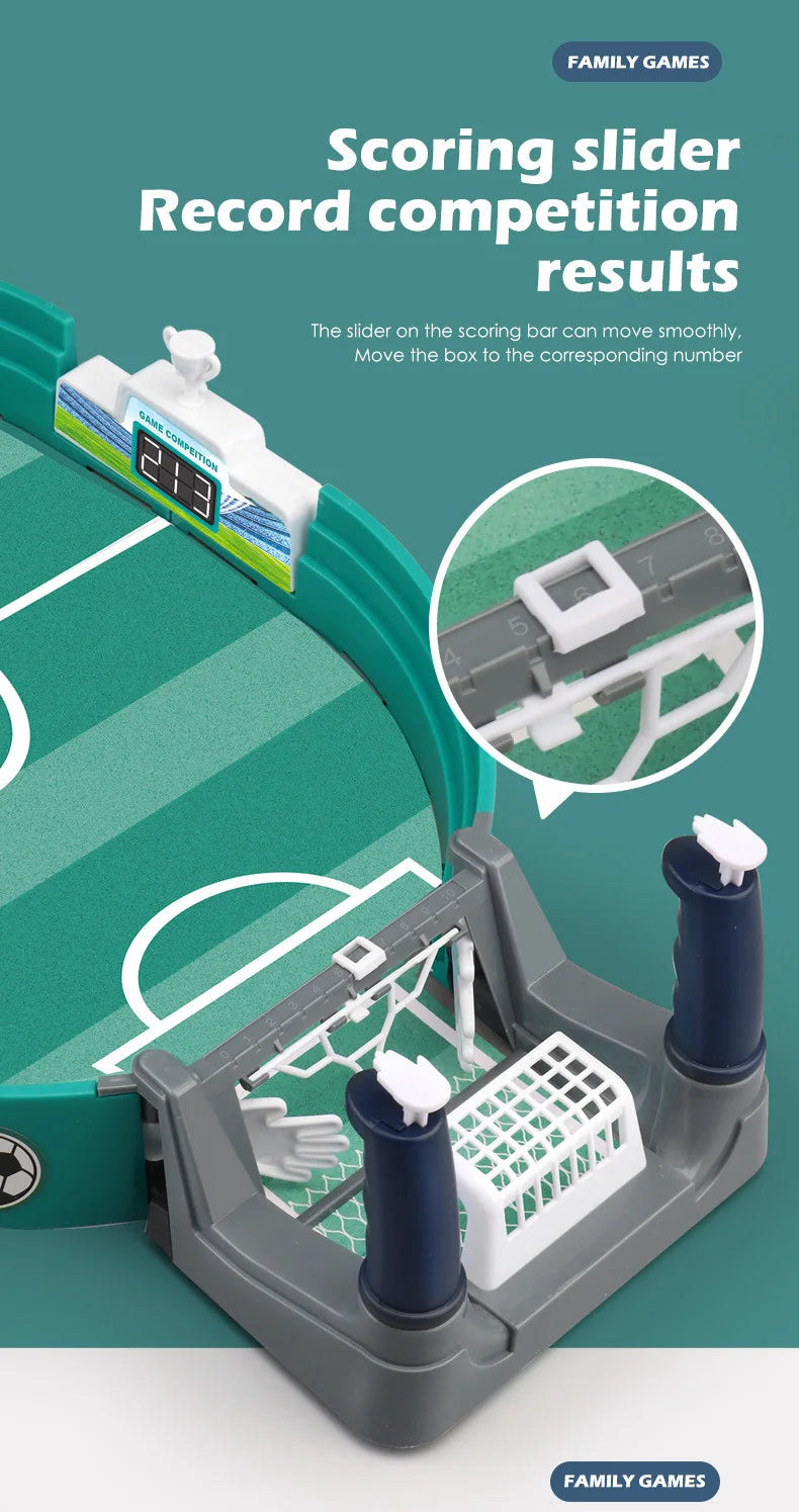 Tabletop football game in green and grey with a sliding manual score tracker and white goal net.