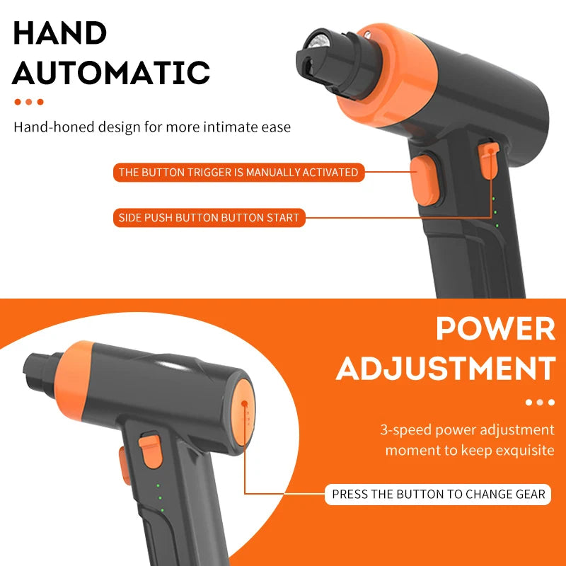Black and orange electric pet nail grinder featuring a trigger and side buttons for manual control and power adjustment.