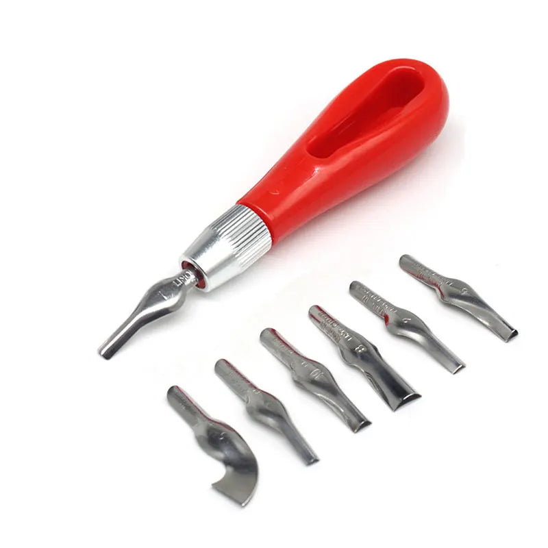 Lino cutting tool with a red ergonomic handle and five interchangeable steel blades of various shapes.