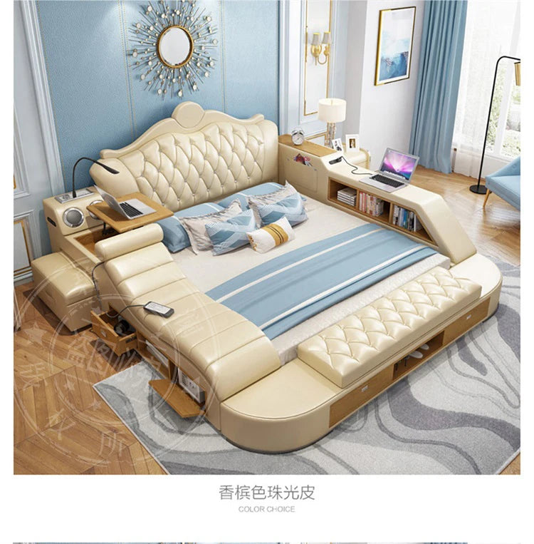 Modern cream faux-leather double bed with tufted headboard, integrated storage shelves, drawers and side tables.