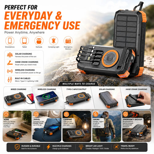 Rugged black and orange solar power bank with wireless charging, built-in cables, LED light, and hand crank.