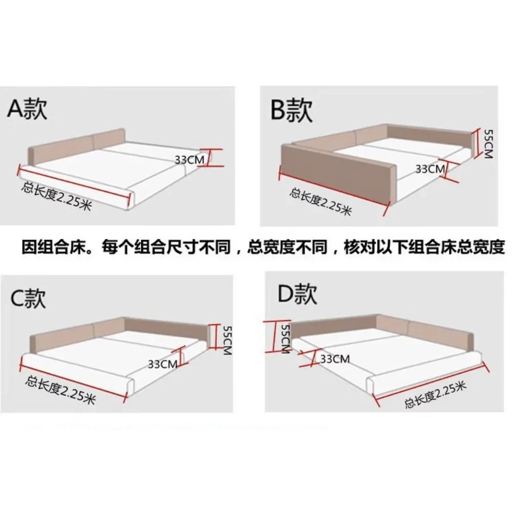 Four diagrams showing configurations of a modern, beige padded bed frame with varying side panel heights and lengths.