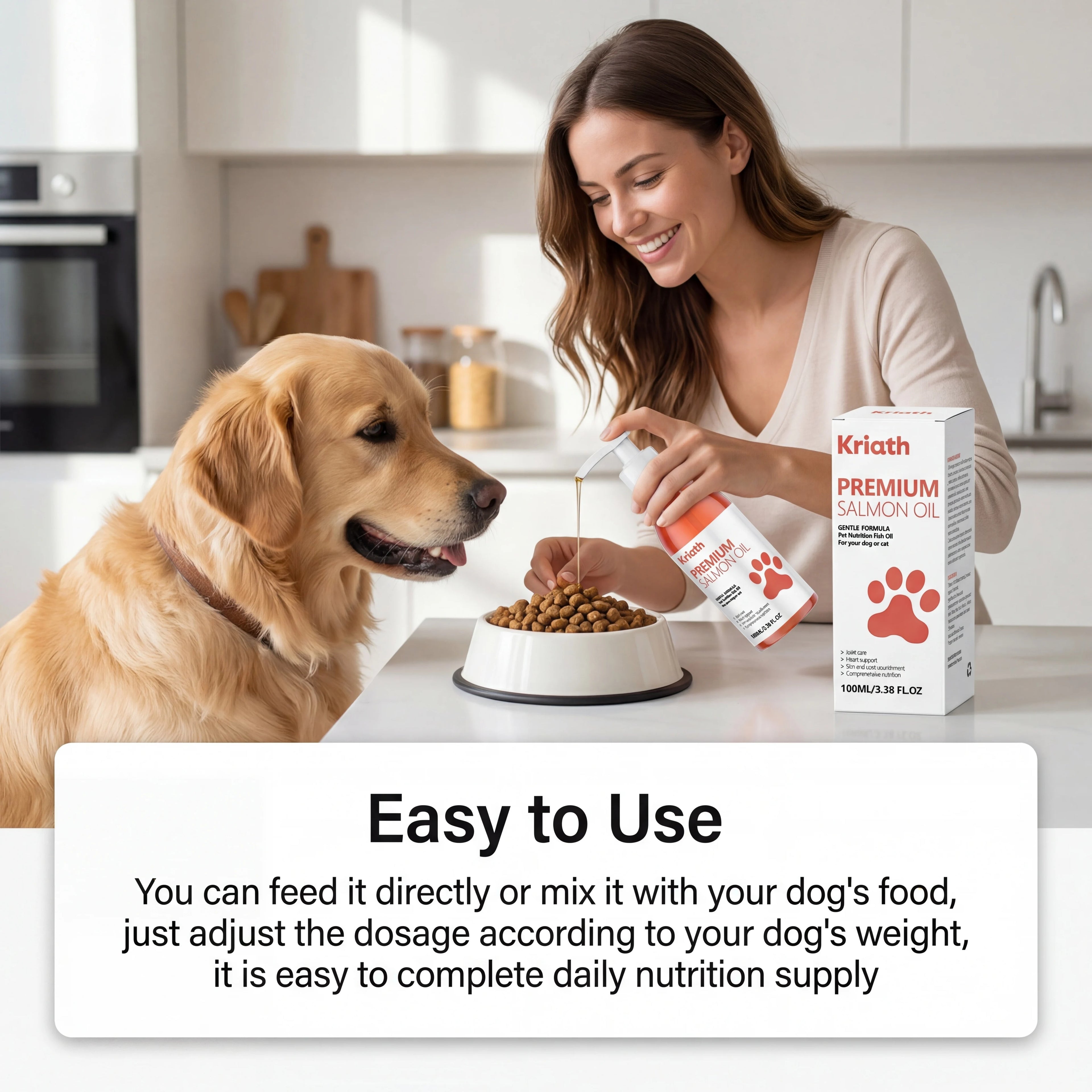 Woman adding salmon oil from a pump bottle onto a dog’s dry food bowl in a bright kitchen.