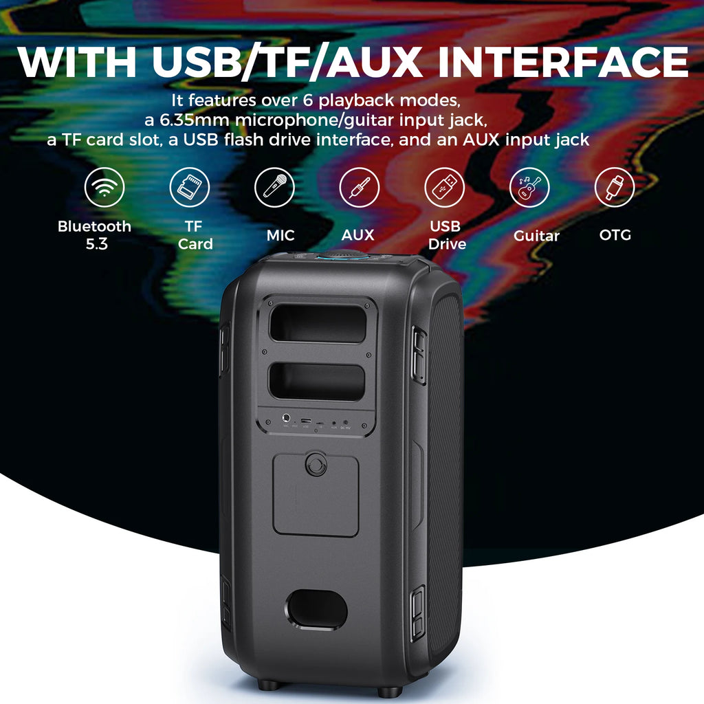 Black portable party speaker featuring Bluetooth, USB, TF, AUX, and microphone/guitar inputs for versatile playback.