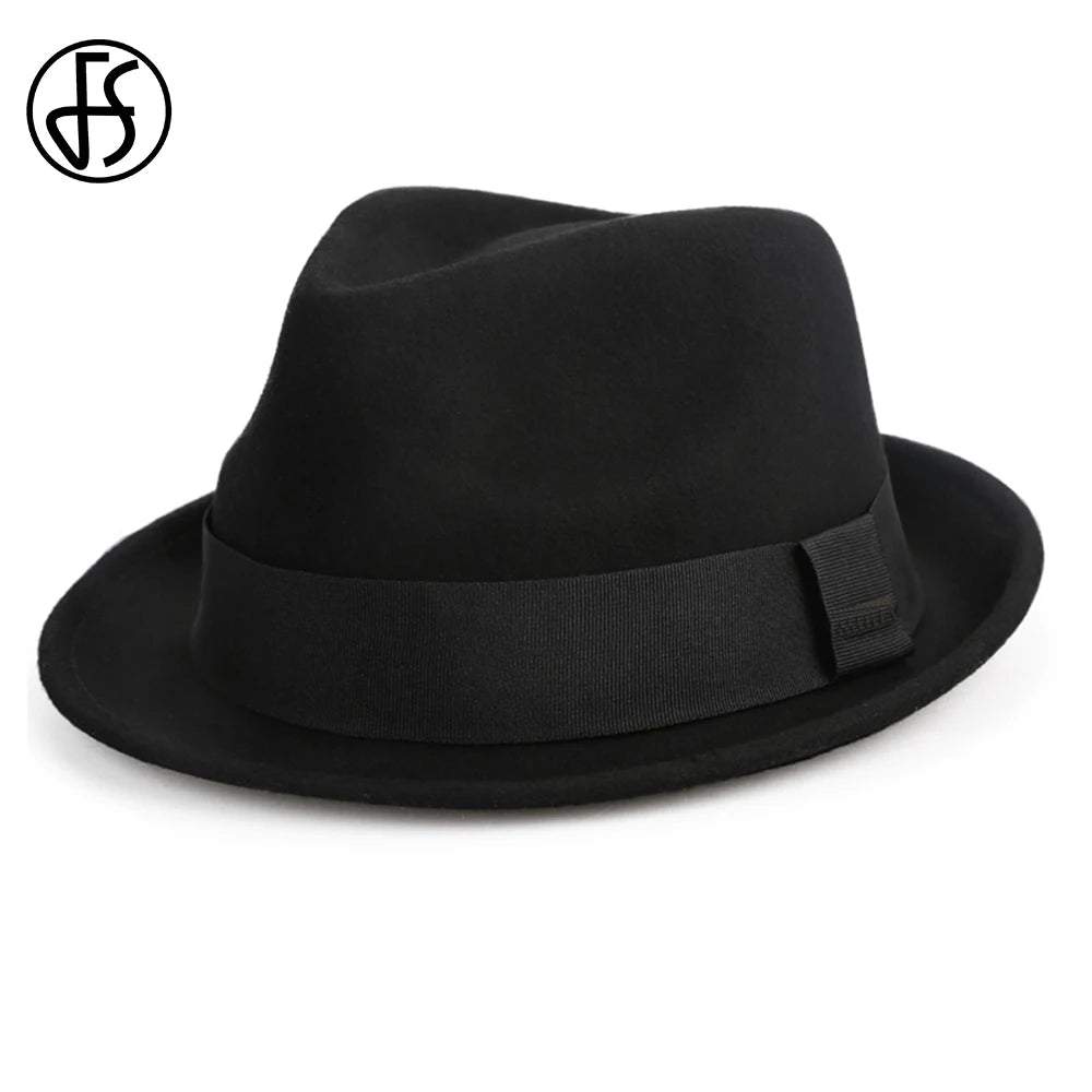 Classic black wool felt fedora with a pinched crown and a matching black ribbon hatband.