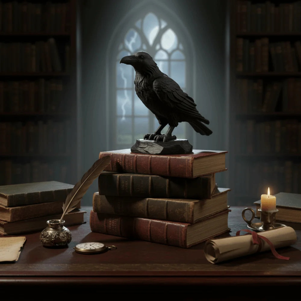 Black raven figurine perched on a stack of antique vintage books on a desk with a quill, candle, and scroll.