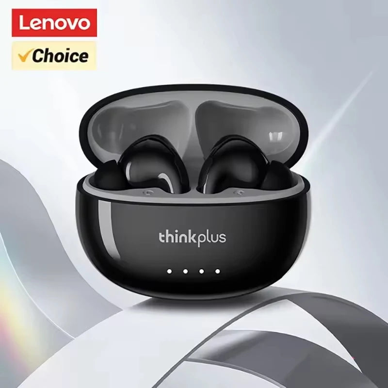 Glossy black wireless earbuds inside a matching compact charging case with four LED indicators.