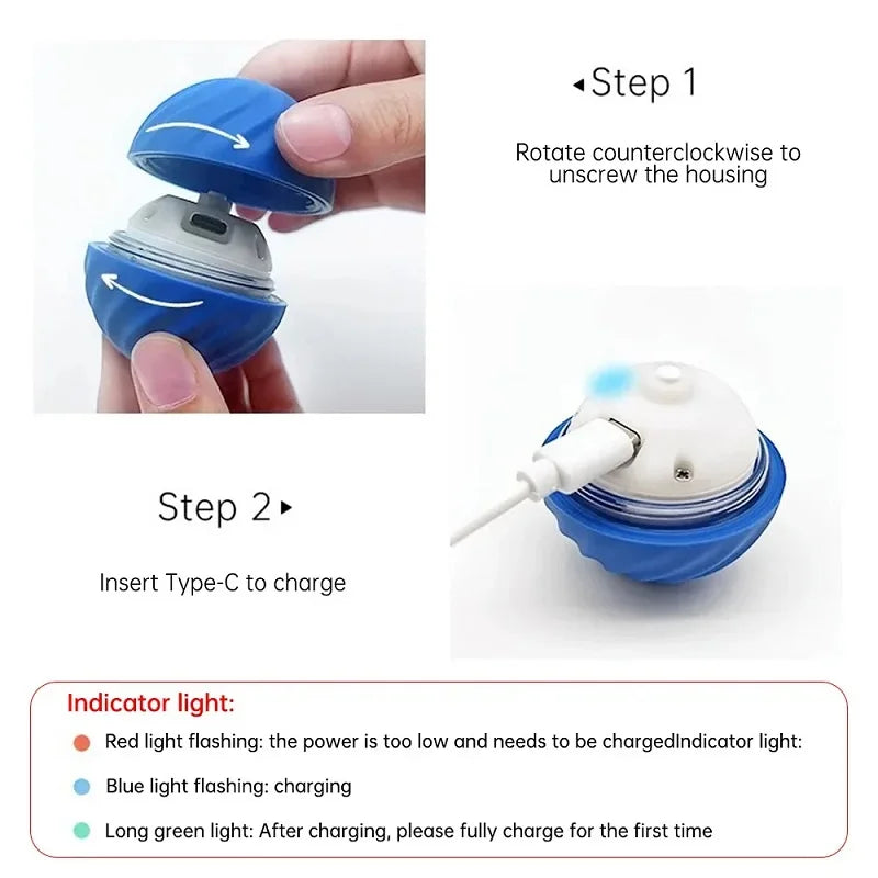 Instructions for charging a blue, spiral-textured interactive dog toy ball using a USB-C cable.