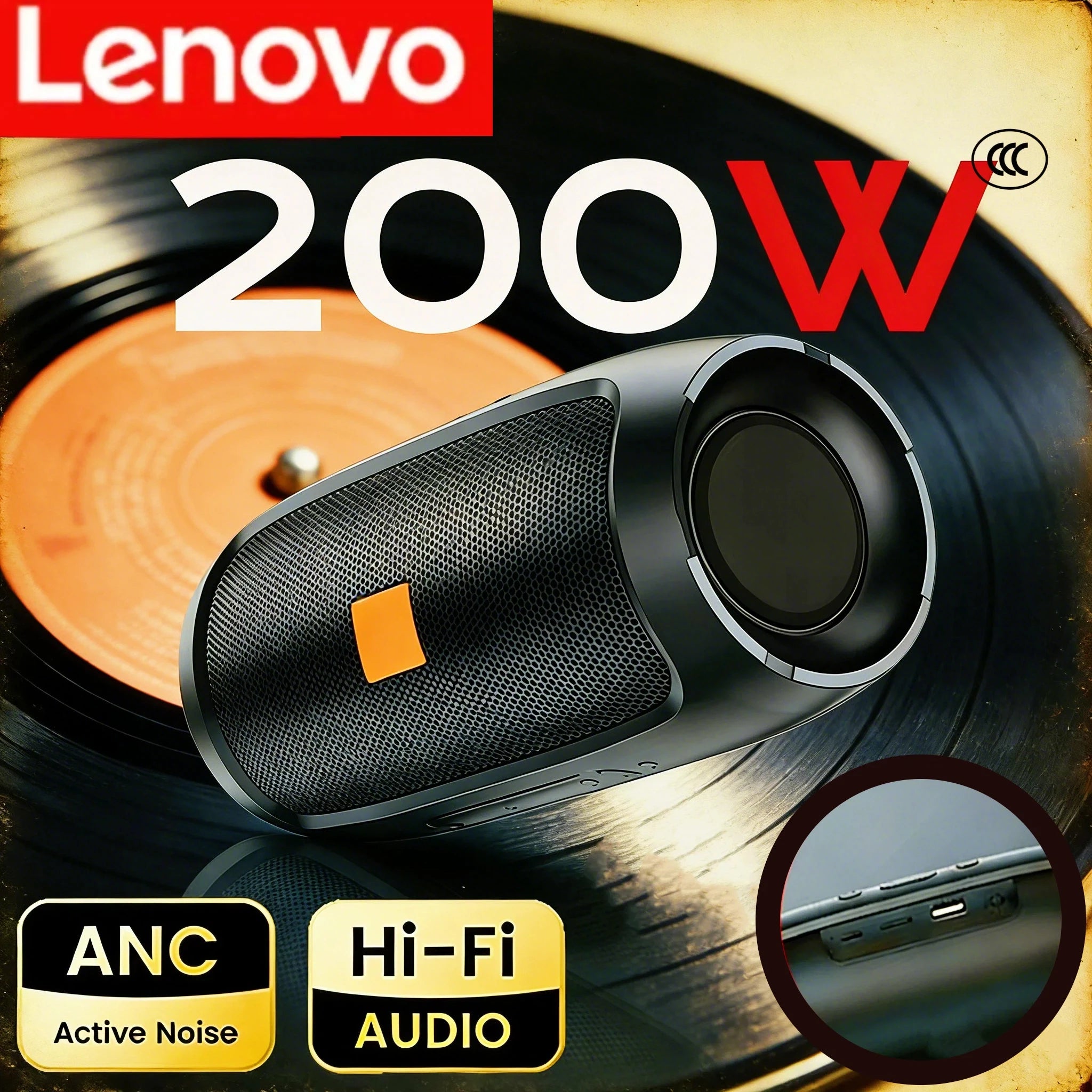 Compact black wireless Bluetooth speaker with a metallic finish, featuring Hi-Fi audio, ANC, and charging port detail.
