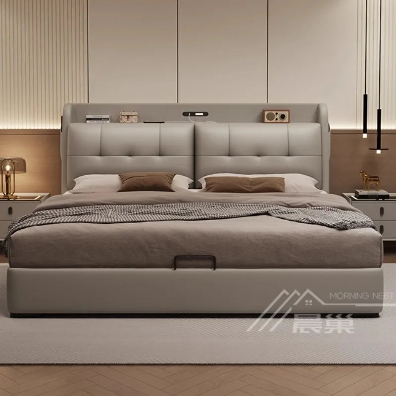 Modern cream upholstered storage bed with a tufted headboard featuring built-in shelf and charging ports.
