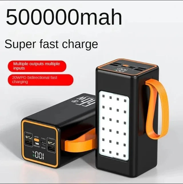 Black and orange portable power bank with multiple ports, LED status display, carry strap, and built-in panel light.