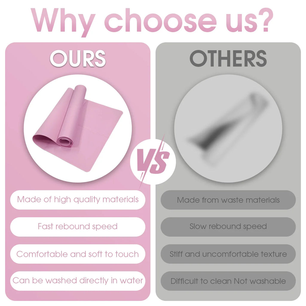 Comparison chart showing a high-quality light pink yoga mat versus a low-quality alternative.