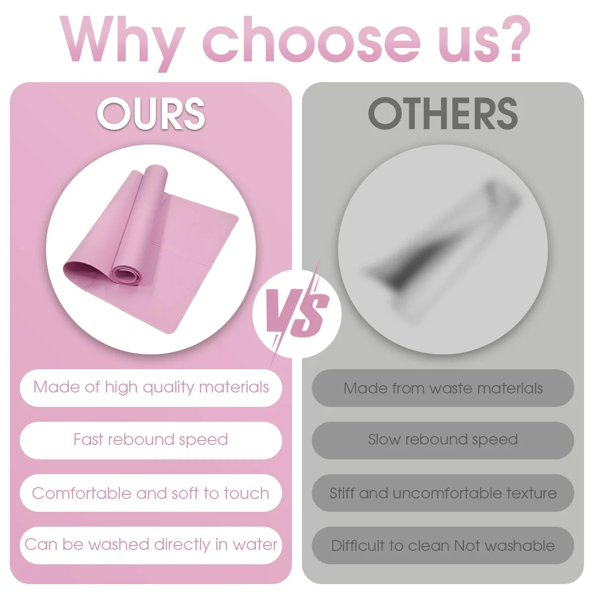 Comparison chart showing a high-quality light pink yoga mat versus a low-quality alternative.