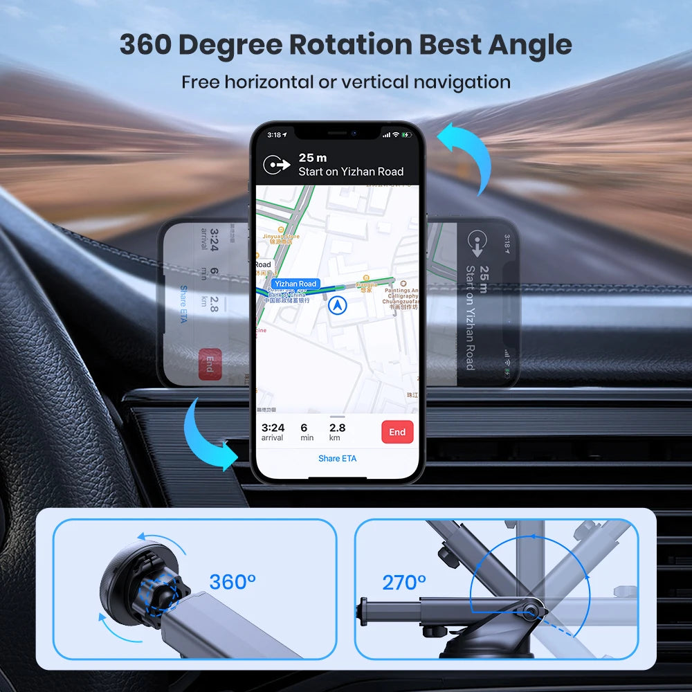Magnetic car phone mount with adjustable 360-degree rotation and pivoting arm for horizontal or vertical viewing.
