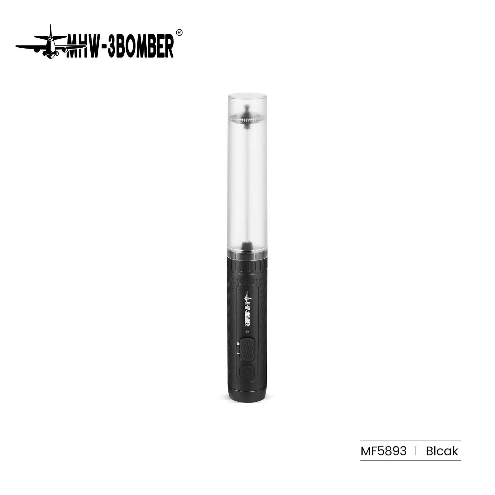 Handheld black milk frother with a clear protective cover and a metal whisk attachment.
