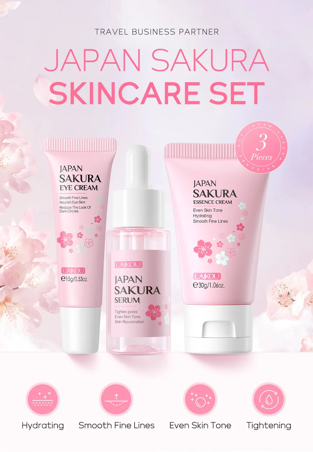 Three-piece Sakura skincare set featuring a hydrating eye cream, facial serum, and essence cream in pink packaging.