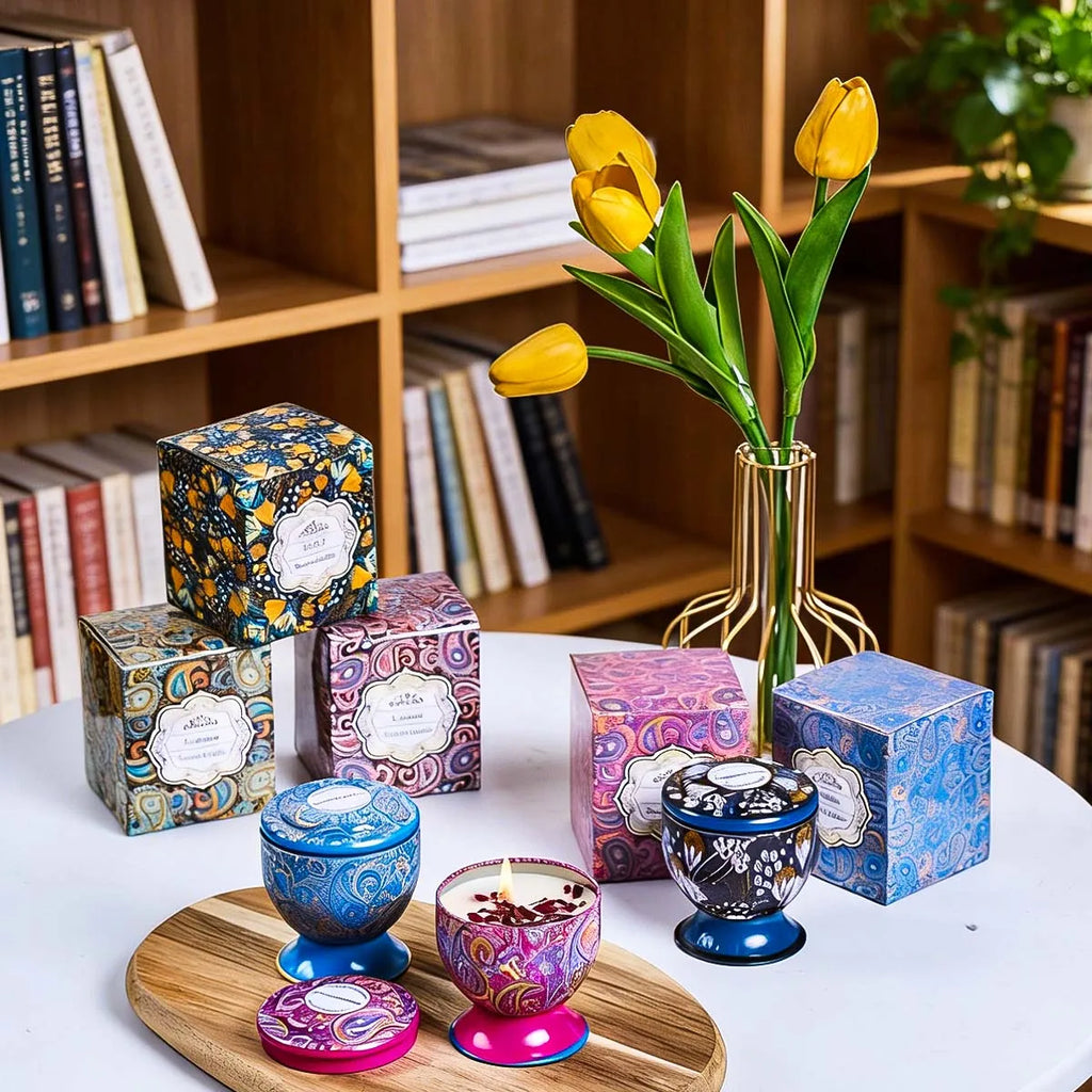 Decorative scented candles in colourful, patterned metal jars with matching boxes on a wooden board.