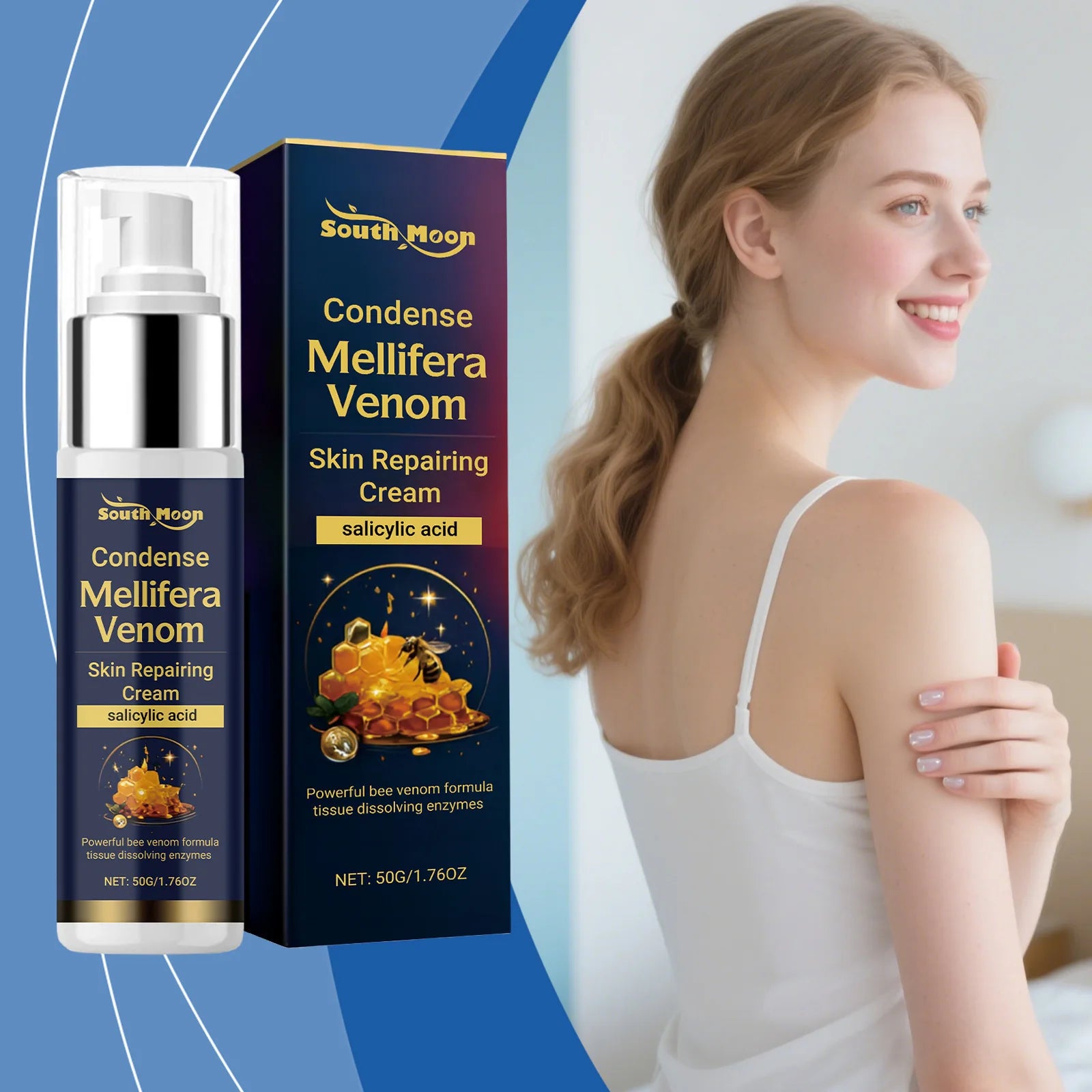 50g pump bottle and box of bee venom skin repairing cream with salicylic acid, featuring a bee and honeycomb graphic.