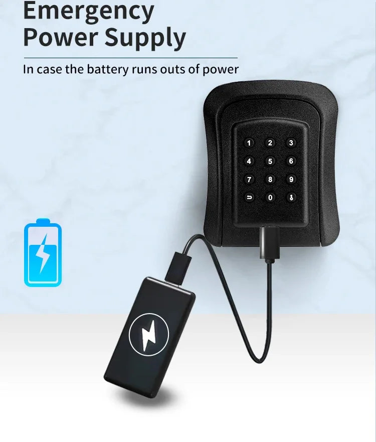 Black plastic digital keypad lock being charged by an external power bank via a USB-C cable.