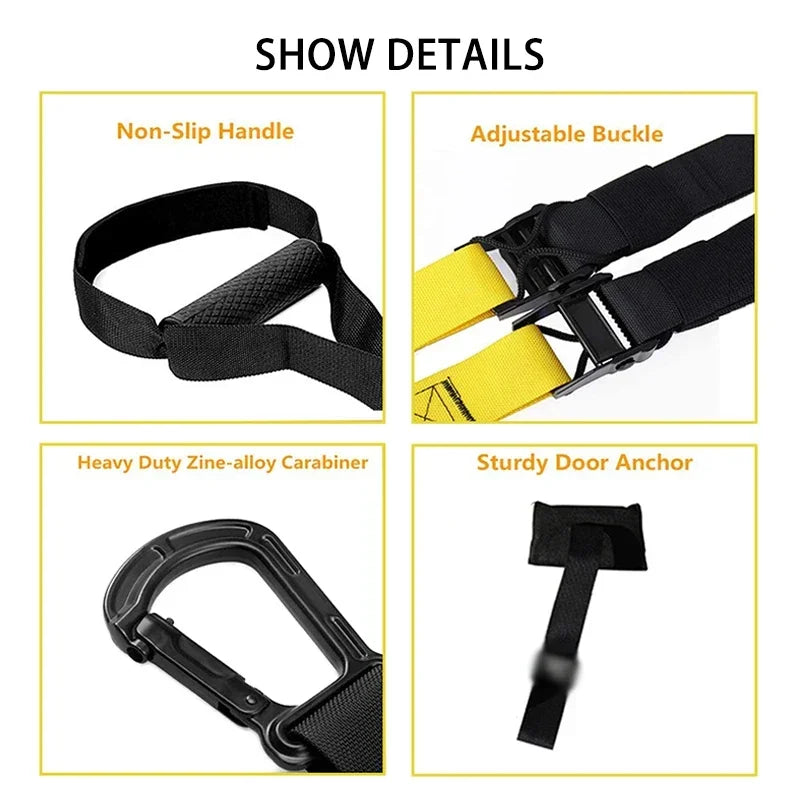Four detail panels show the resistance band's non-slip black handle, adjustable buckle, carabiner, and door anchor.