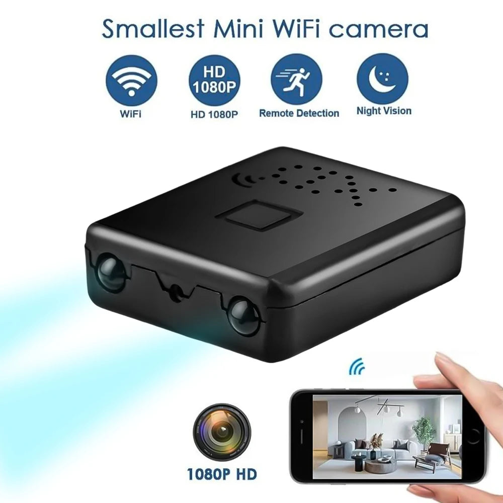 Black plastic mini WiFi security camera with 1080p HD, motion detection, and night vision capabilities.