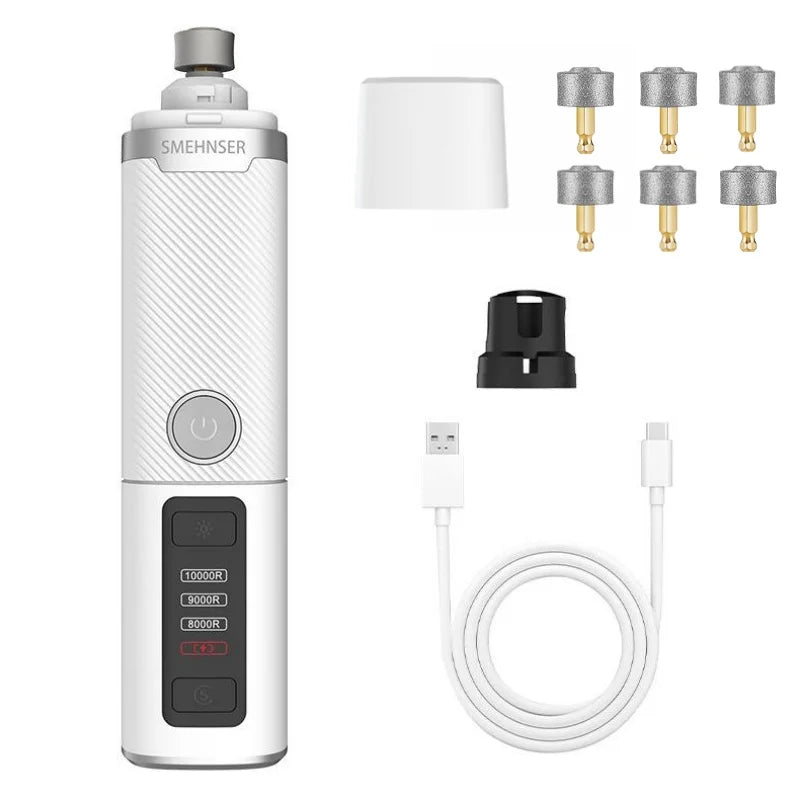 White electric pet nail grinder with LED light, featuring adjustable speed settings, replaceable heads, and USB cable.