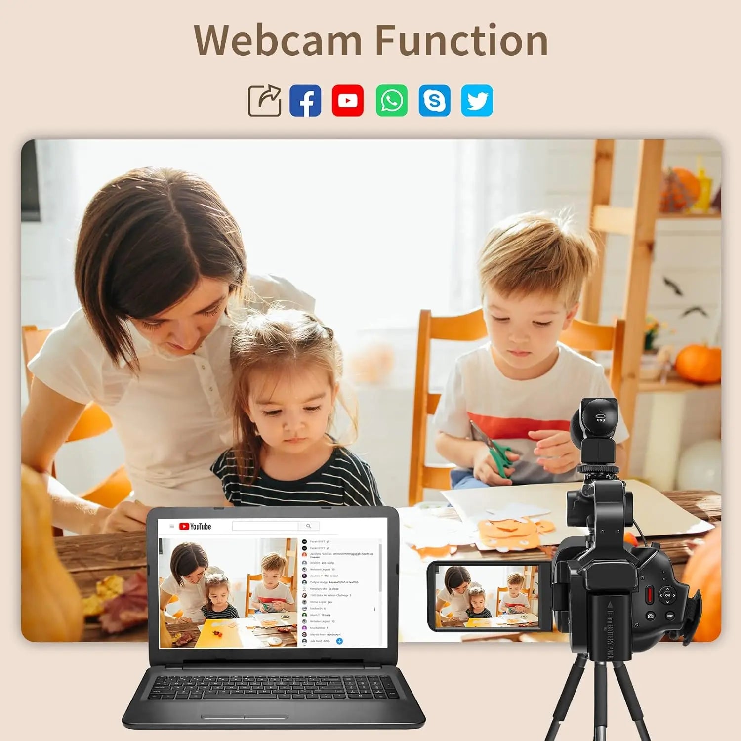 Black plastic digital video camera on a tripod, connected to a laptop to show a live webcam feed of two children.