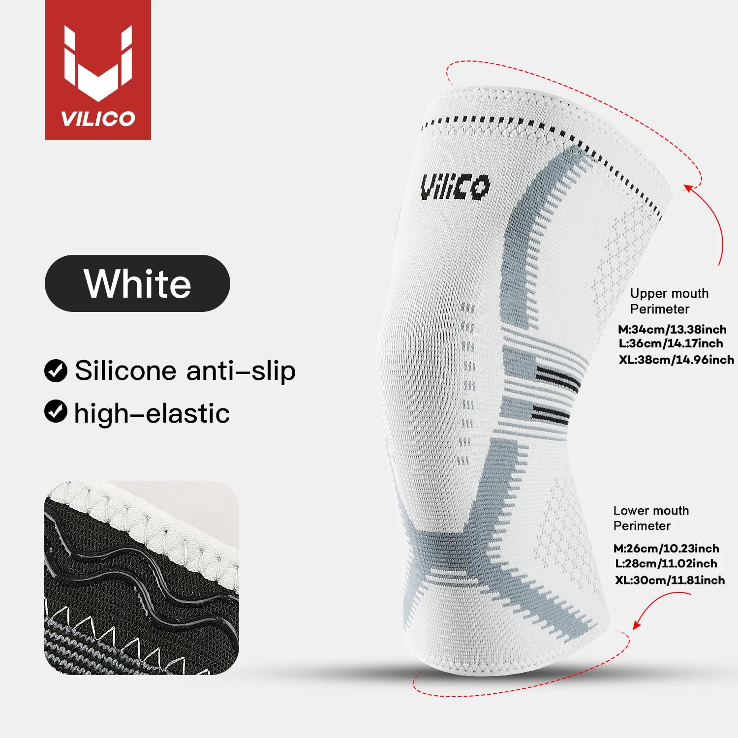 White VILICO elastic knee support sleeve with grey detailing and inner silicone anti-slip grip.