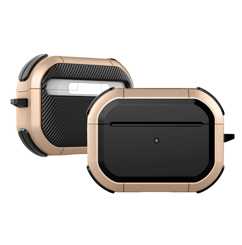 Rugged two-tone champagne gold and black protective case for Apple AirPods Pro.