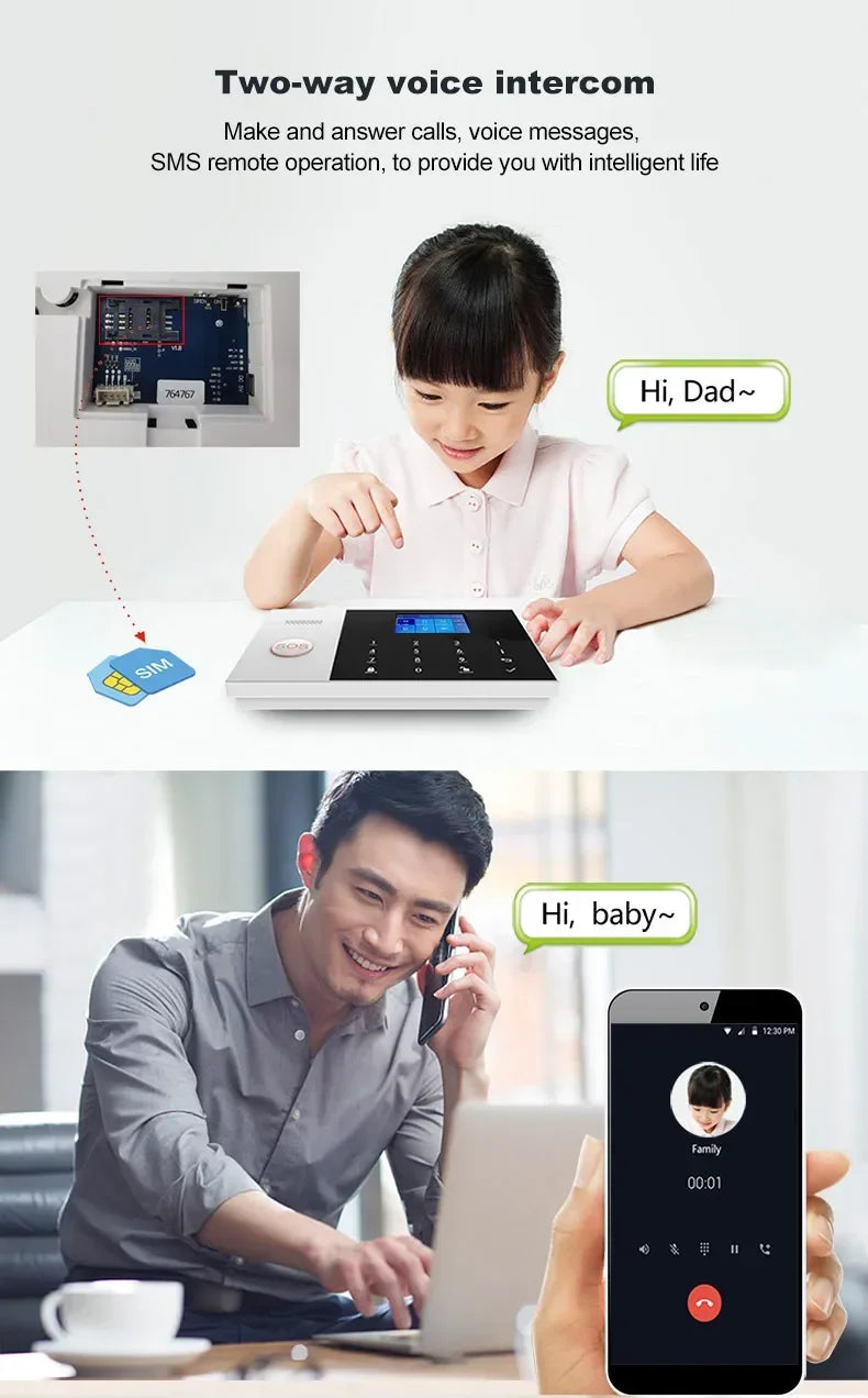 A slim, white wireless alarm panel with a touchscreen, showing two-way voice intercom capabilities via SIM and mobile.
