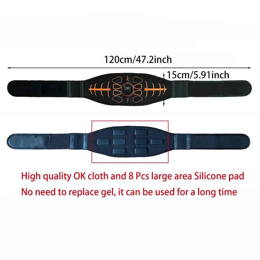 Black abdominal muscle stimulator belt with silicone pads, digital display, and orange printed design details.