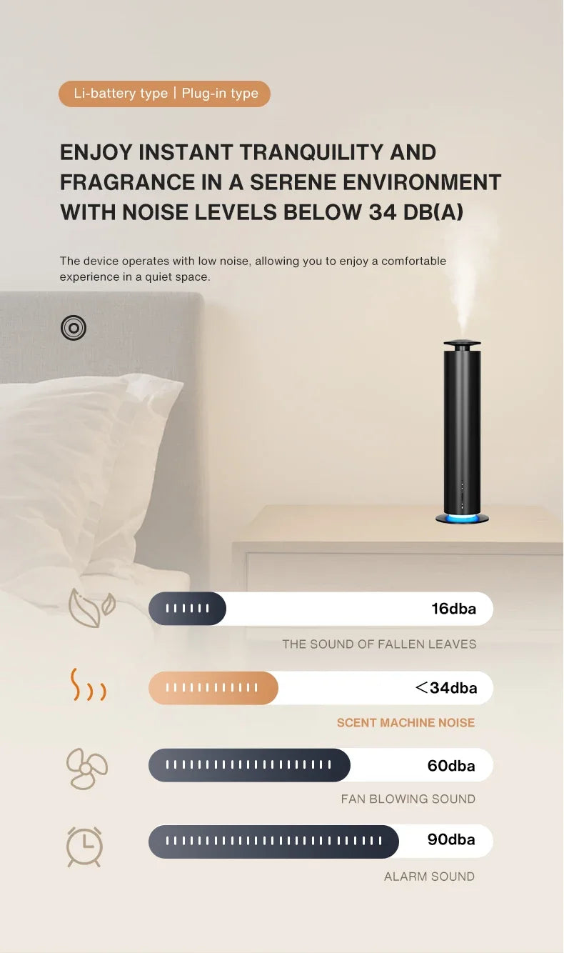 Sleek black smart aroma diffuser on a bedside table, emitting a gentle mist with a quiet, low-noise design.