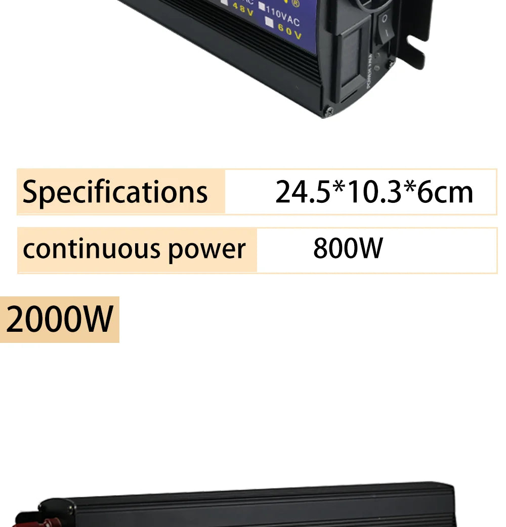 Black 2000W pure sine wave power inverter with a ribbed metal casing, cooling fan, and power switch.