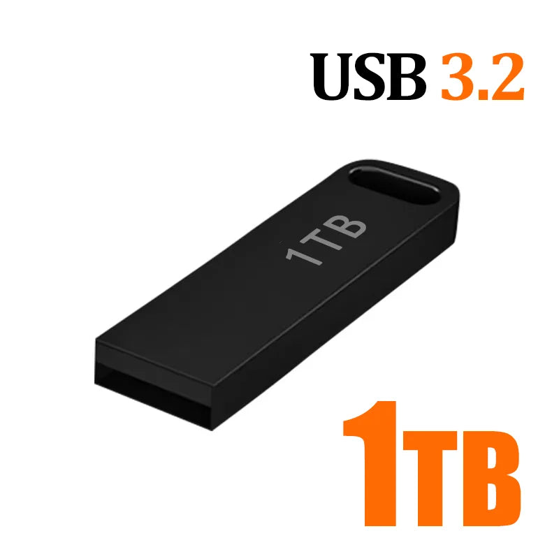 Sleek black USB 3.2 portable flash drive with a keyring loop and storage capacity text clearly displayed.