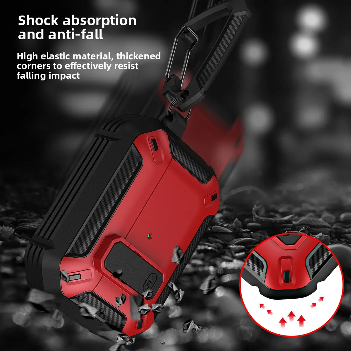 Rugged red and black shockproof AirPods case with carbon fibre accents and carabiner clip.