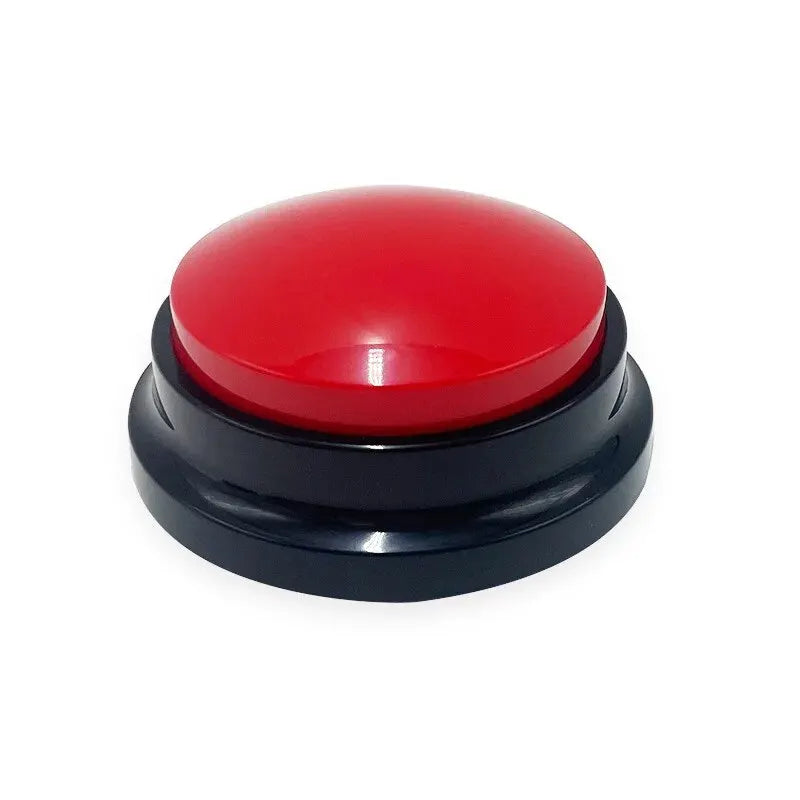 A red interactive recordable dog training button with a sturdy black circular base.