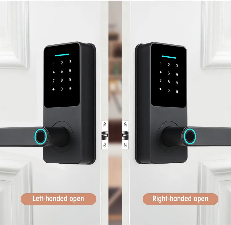 Matte black smart door lock with a numeric keypad and an illuminated fingerprint scanner on the handle.