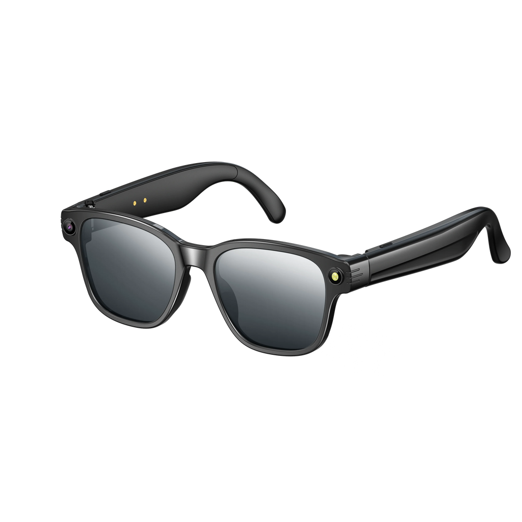 Sleek black smart glasses featuring a built-in HD camera, AI voice assistant, and modern tinted lenses.