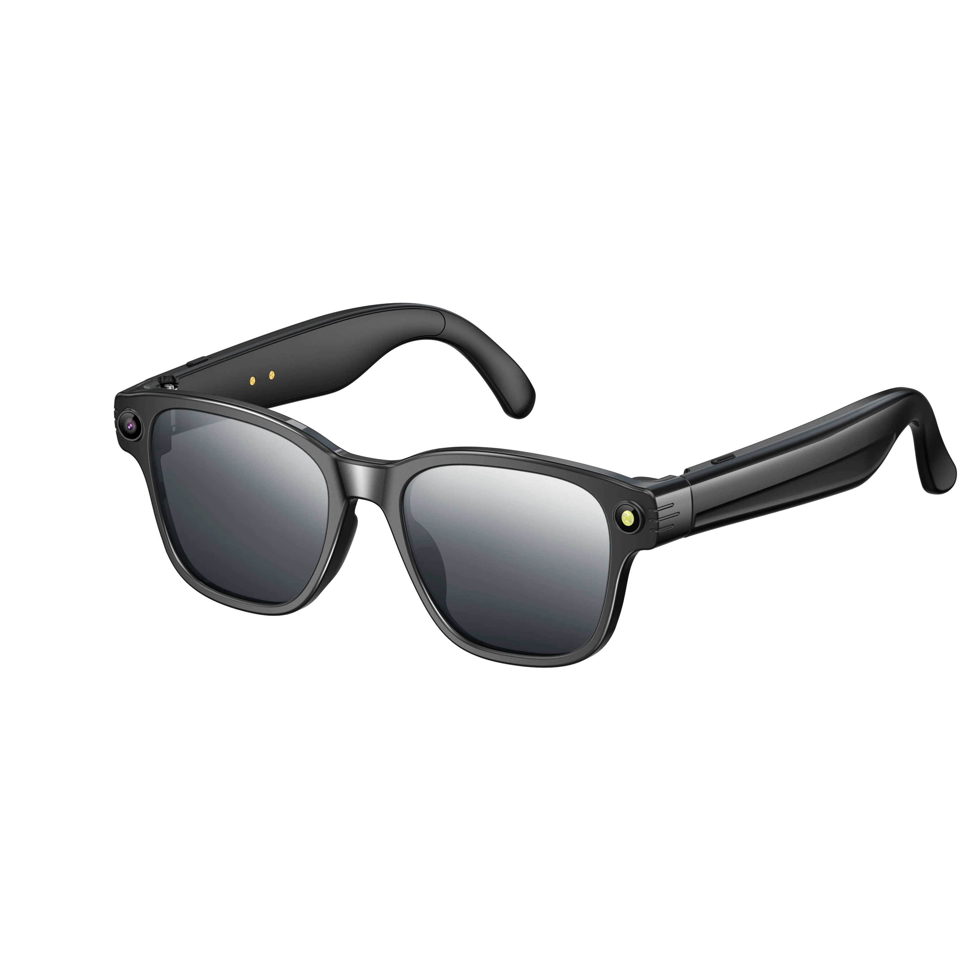 Sleek black smart glasses with integrated HD camera lenses in the frames and tinted lenses, set against a black background.