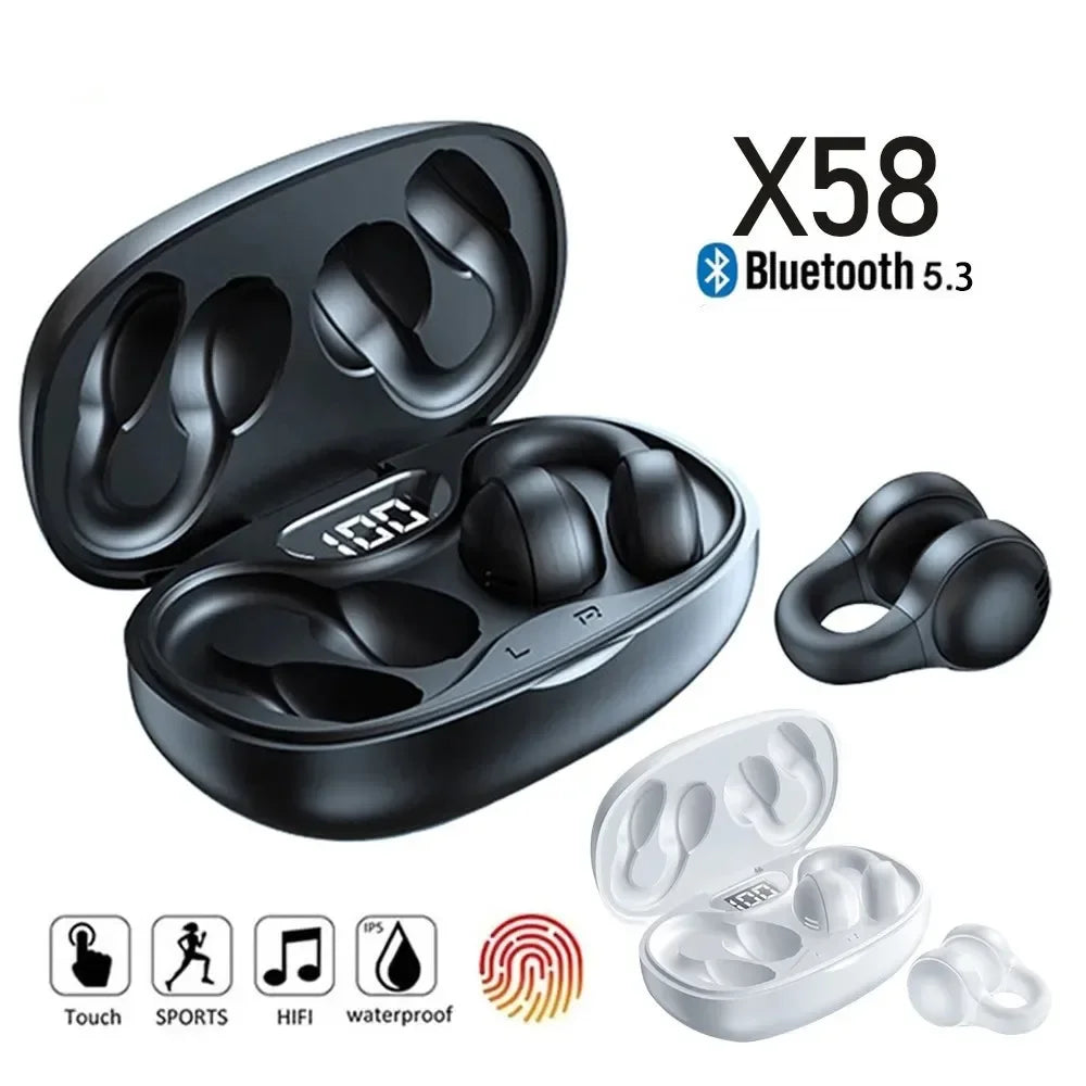 Black and white wireless ear clips with digital charging cases, Bluetooth 5.3 technology, and touch control features.