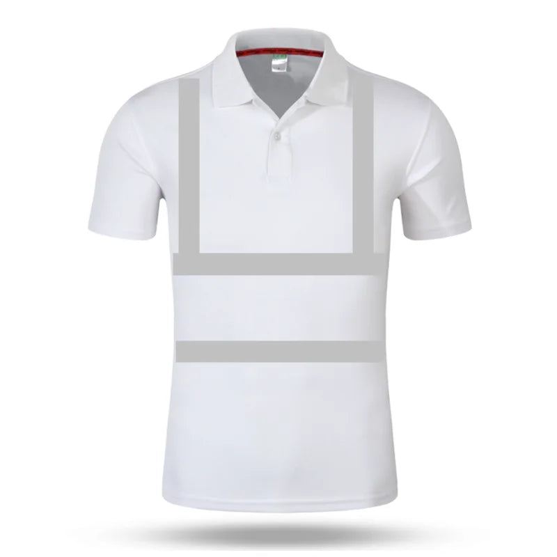 White polo shirt with short sleeves, a button-up collar, and grey reflective high-visibility tape detail.