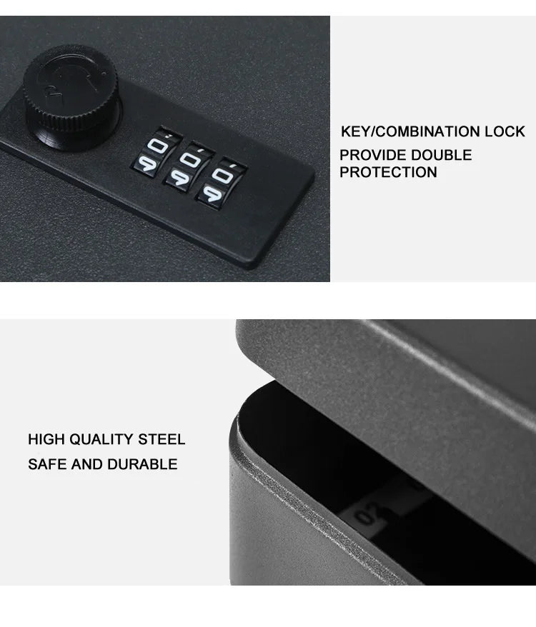 Black steel security safe with a combination lock and key entry mechanism.