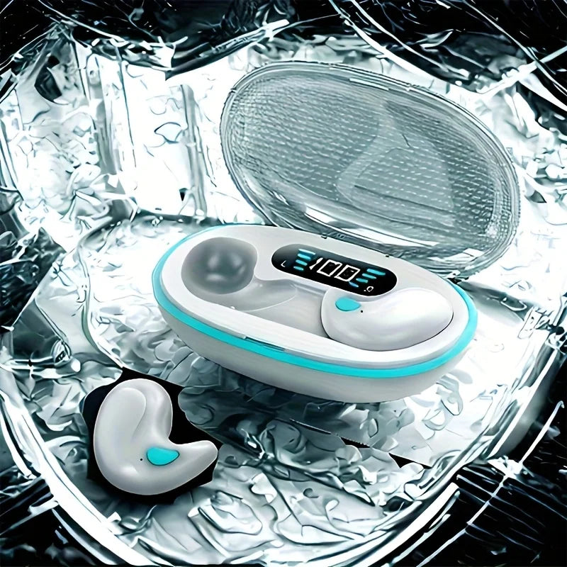 White wireless earbuds with turquoise accents and a digital charging case, set against a reflective silver background.