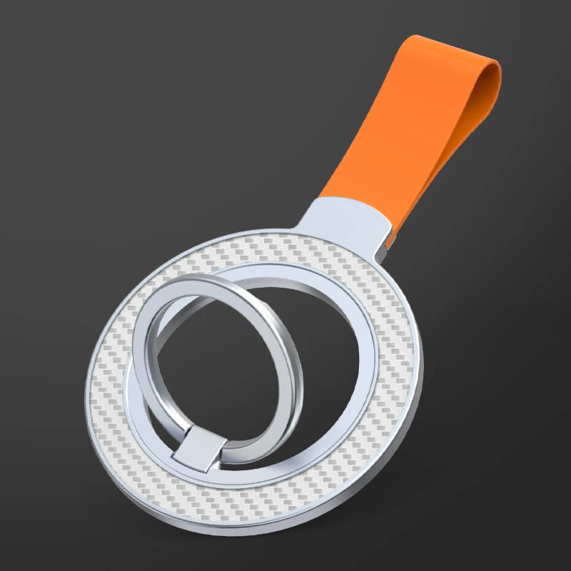 A white carbon-fiber textured phone ring holder with a silver ring and an orange silicone strap.