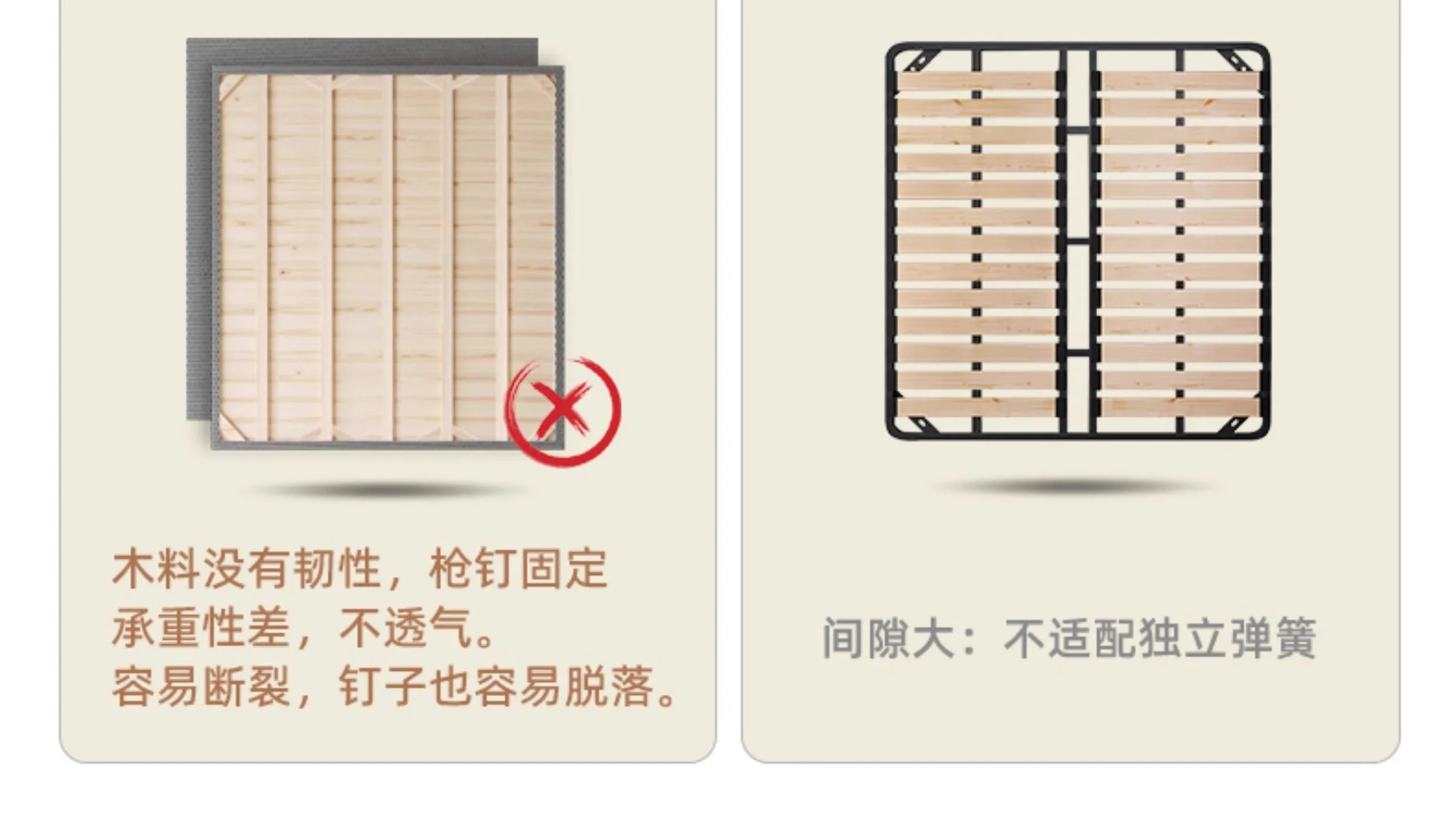Comparison of a solid bed base versus a slatted metal frame for a 180x200cm storage bed.